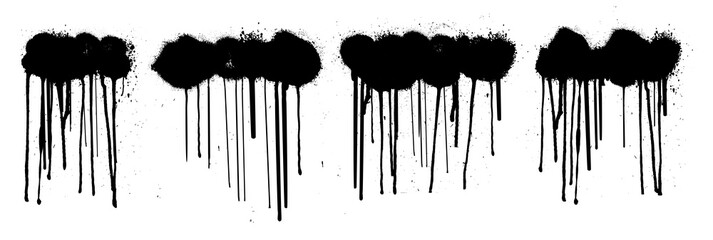 Poster - Graffiti spray template. Dirty paint clound splashes and drip lines grunge. Stencil graffiti spray isolated on white background. Black graffiti clound with splashes, smudges and drops. Vector set