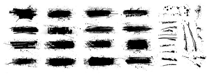Fototapete - Ink splashes and brushes stencil. Template inked splatter dirt stain splatter spray splash with drops blots isolated. Grunge footprints and textures for design. Ink dirty liquid, silhouette set. 