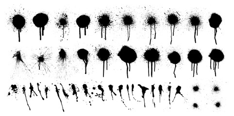 Poster - Black ink spots and blots with drip lines grunge isolated on white background. Grunge texture template. Street graffiti elements with splashes and spray effect. Vector ink spots and blots collection