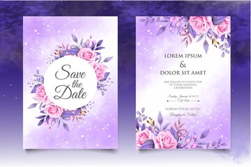 Wedding invitation card with beautiful flowers and leaves