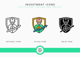 Investment icons set vector illustration with icon line style. Pension fund plan concept. Editable stroke icon on isolated white background for web design, user interface, and mobile application