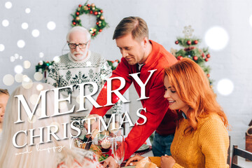 View of happy family celebrate Christmas holidays, banner