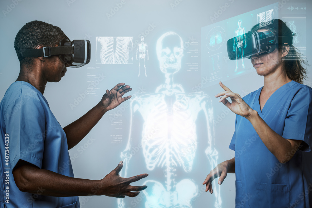 Doctors wearing VR simulation with hologram medical technology - obrazy, fototapety, plakaty 