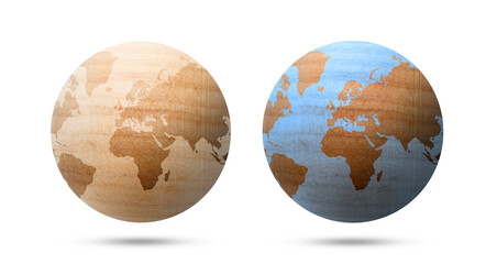 Wall Mural - world map on wooden sphere ball isolated on white background