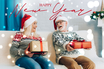 Cropped view of happy senior woman and man celebrate Christmas holidays, banner