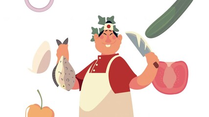 Wall Mural - japanese chef worker with fish and knife animation