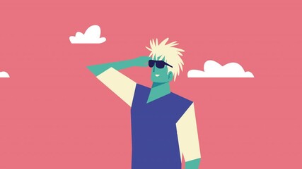 Canvas Print - young man wearing sunglasses comic character animation