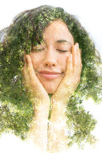 A Double Exposure Portrait Of A Half Smiling Young Woman With Eyes Closed Holding Her Chin With Hands And A Tree