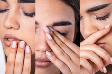 Collage of Young woman touches her nose, eyes and Mouth - Concept showing avoid touch face to protect and prevent form covid-19, sars cov 2 or coronavirus outbreak or spreading.