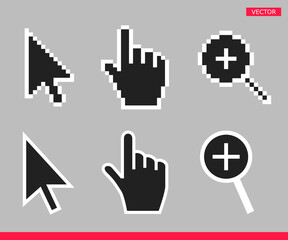 Leinwandbilder - Black and white arrow, hand and magnifier mouse cursor icons vector illustration set flat style design isolated on gray background.