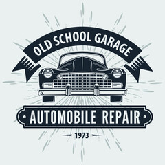 Wall Mural - Car repair service, vintage Logo design concept with classic retro car. Vector illustration