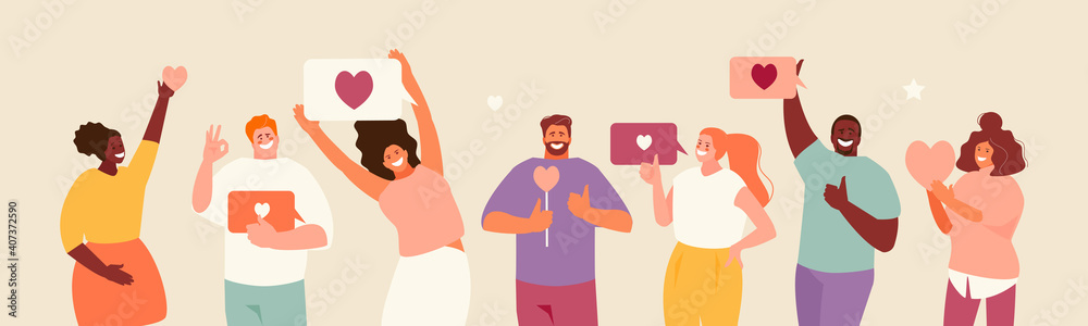People holding likes. Satisfied customers and followers on social media. Positive feedback. Vector illustration - obrazy, fototapety, plakaty 