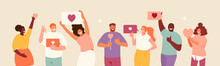 People Holding Likes. Satisfied Customers And Followers On Social Media. Positive Feedback. Vector Illustration