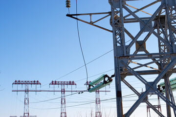 High Voltage electric Pole, wiring electric power on steel tower. Electric Power Transmission Infrastructure, Highest voltage transmission. Electric wires.