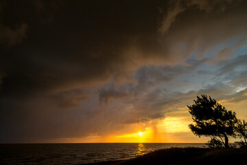 Wall Mural - Beautiful orange sunset on the sea landscape