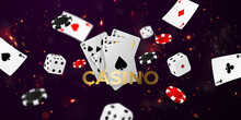 Playing Card. Winning Poker Hand Casino Chips Flying Realistic Tokens For Gambling, Cash For Roulette Or Poker,
