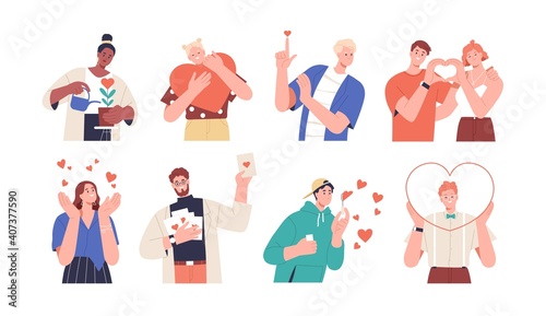 Set of people giving and sharing love, donating. Concept of assistance, care, philanthropy and support. Men and women holding hearts. Colored flat vector illustration isolated on white background © Good Studio