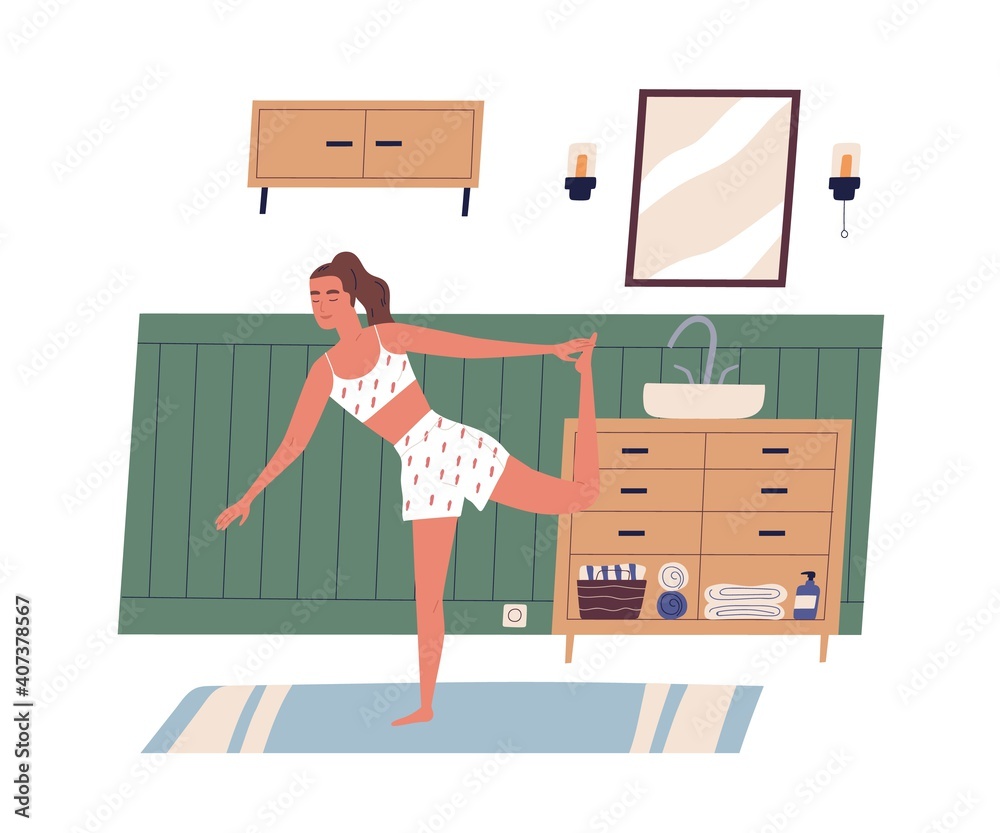 Young modern woman exercising or working out at home. Calm and peaceful female character with closed eyes in yoga posture. Everyday sport routine. Flat vector illustration isolated on white background - obrazy, fototapety, plakaty 