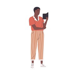 Poster - Young man reading book while walking or strolling. Cute male reader or student enjoying literature or preparing for exam on the go. Colorful flat vector illustration isolated on white background