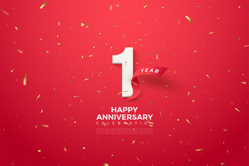 Wall Mural - 1st anniversary with numbers and curved red ribbon.