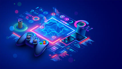 Wall Mural - Game dev isometric concept. Education of creation 3d design of location or level computer game. Scripting, programming AI of digital games. Isometric illustration of abstract gamepad or joystick.