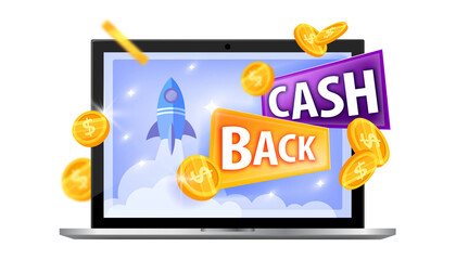 Cash back, internet shopping money saving vector illustration with laptop screen, coins. Bonus program reward, promotional sale discount stickers. Cash back e-commerce stamp label,isolated emblem logo