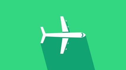 Sticker - White Plane icon isolated on green background. Flying airplane icon. Airliner sign. 4K Video motion graphic animation.