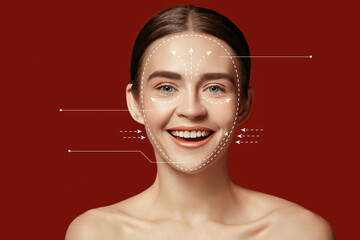 beautiful female face with lifting up arrows isolated on red background. concept of bodycare, cosmet