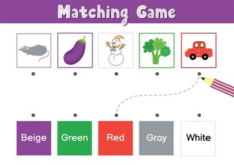 Poster - Match elements by color. Educational game for school and preschool. Sorting activity puzzle for kids - purple, green, red, gray, white. Vector illustration