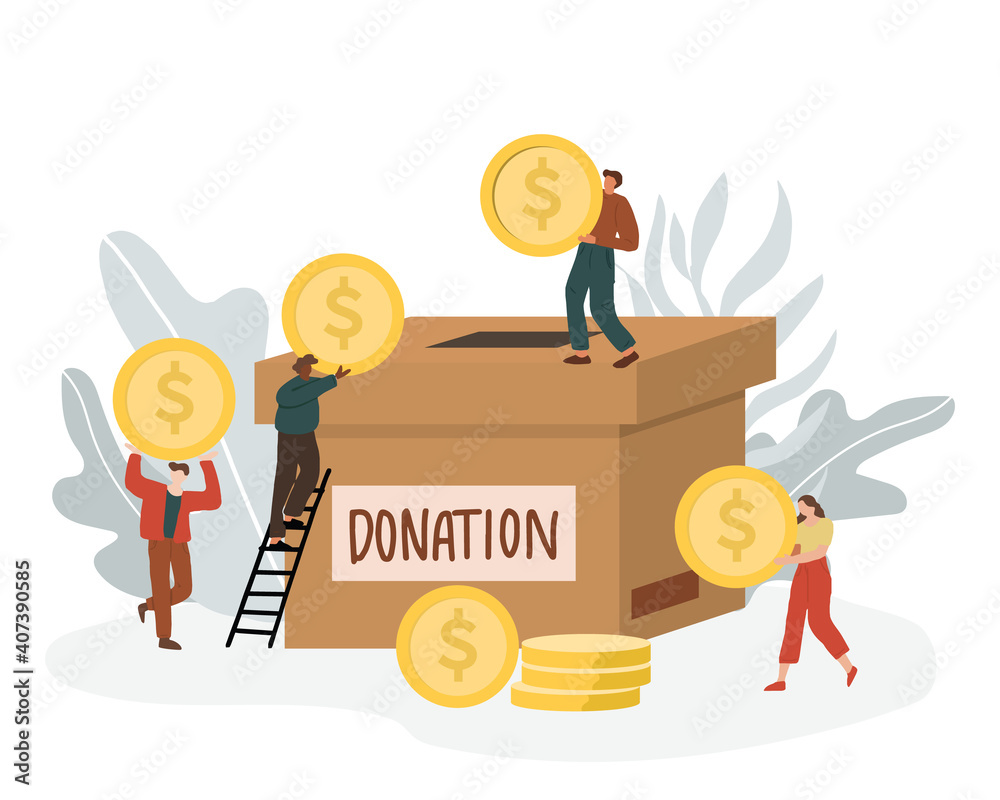 Concept of charity and donation. Give and share your money to people. Tiny  people donate money for help poor people. Flat design, vector illustration  isolated on white background. Stock Vector | Adobe, image size:1000x800