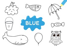 Color The Elements In Blue. Coloring Page For Kids. Educational Material For School And Preschool. Vector Illustration 