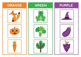 Wall Mural - Learn the primary colors. Color sorting activity page - orange, green, purple. Educational material for toddlers. Learning poster for kids. Vector illustration