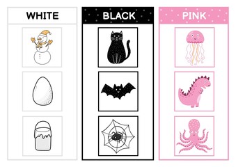 Wall Mural - Learn the primary colors. Color sorting activity page - white, black, pink. Educational material for toddlers. Learning poster for kids. Vector illustration