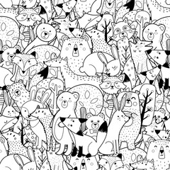 Doodle forest animals black and white seamless pattern. Funny coloring page with woodland characters. Vector illustration