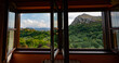Panoramic view from a window in a rural guesthouse near Arriondas, Asturias, Spain.