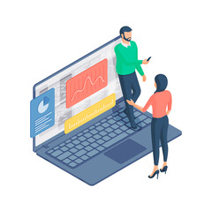 Poster - Cartoon business people analyzing marketing research on laptop