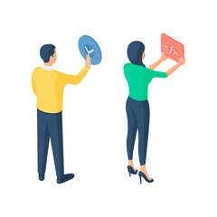 Poster - Cartoon man and woman pressing buttons of digital devices
