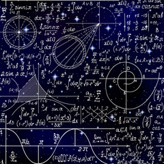 Wall Mural - Scientific vector seamless backround with handwritten mathematical formulas, figures, calculations over the starry space sky
