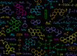 Colorful scientific vector seamless pattern with multicolored handwritten chemistry plots and formulas