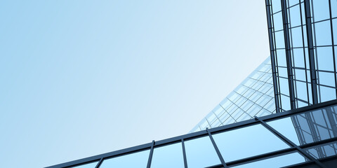 Poster - Low angle view of futuristic architecture, Skyscraper office building with cloud reflected on window, 3D rendering.