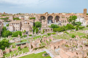 Poster - Roman Forum in Rome, Italy, It is one of main tourist attractions of Rome. Nice panorama of the famous old Roman Forum or Foro Romano in summer. Ancient architecture and cityscape of historical Rome.