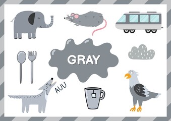 Wall Mural - Gray. Educational worksheet for kids. Learning the color gray set. Activity page with main color for toddlers. Vector illustration