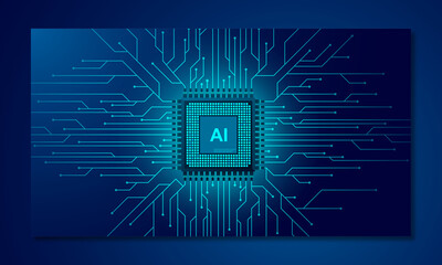 Fototapete - Artificial intelligence web banner. 3D isometric illustration of a processor chip. The process of data processing. Developments in modern technologies. Microcircuits on neon glowing background