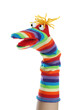 Funny sock puppet for show on hand against white background