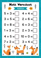 Wall Mural - Math worksheet for kids. Addition. Mathematic activity page with cute foxes. Calculate and write the result template. Vector illustration