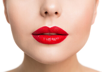 Poster - Lips Beauty Closeup, Woman Face Make Up and Red Lipstick Close Up. Isolated White