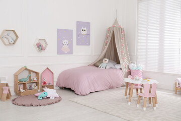Poster - Cute child's room interior with toys and modern furniture