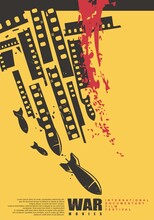 International Documentary Film Festival Artistic Poster Design With Air Bombs And Film Strips On Yellow Background. Vector War Movies Illustration. 