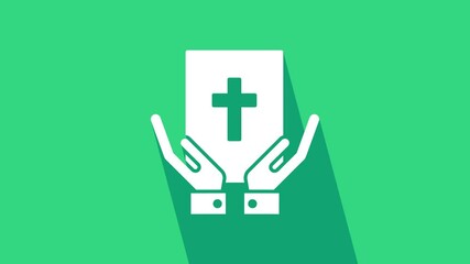 Sticker - White Oath on the Holy Bible icon isolated on green background. The procedure in court. Truth and truth. Promise before god. 4K Video motion graphic animation.