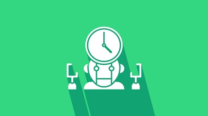 Poster - White Robot and digital time manager icon isolated on green background. Time management assistance, workflow optimization help. 4K Video motion graphic animation.